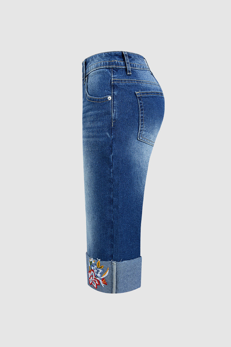 Wash Floral Embroidery Roll Hem Mid Rise Denim Bermuda Shorts
