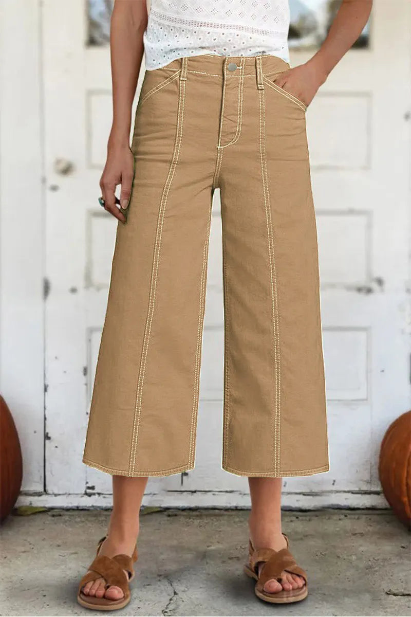 Contrast Stitch Mid Rise Wide Leg Crop Pants