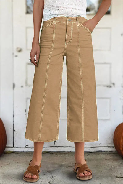 Contrast Stitch Mid Rise Wide Leg Crop Pants