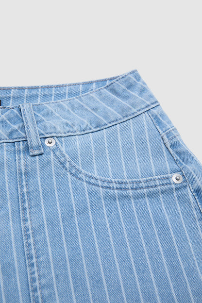 Striped Raw Hem Patch Pocket High Rise Denim Bermuda Shorts Without Belt