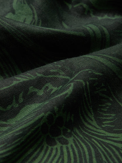 Robe longue en lin, Manches mi-longues, Col en V, Fleurie, Vacances, Vintage, Vert foncé