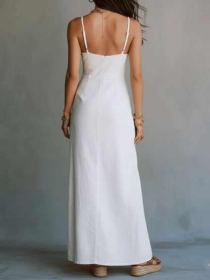 Robe longue élégante blanche minimaliste à fines bretelles et à fente