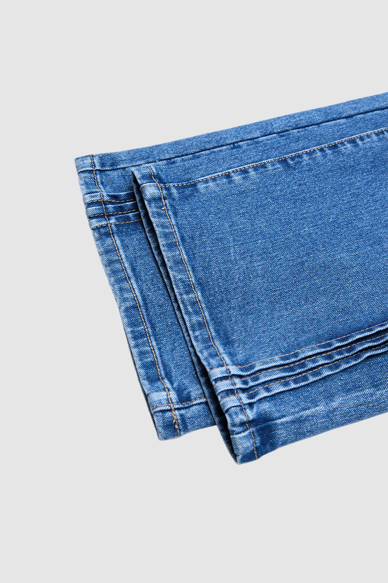Wash Seam Front Mid Rise Straight Leg Jeans Without Belt