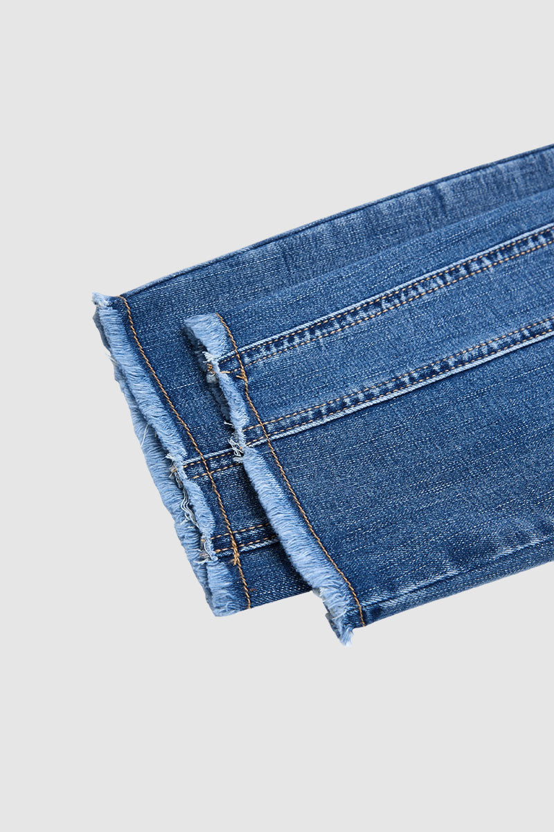Wash Raw Hem Stitch Detail Mid Waist Straight Leg Cropped Jeans