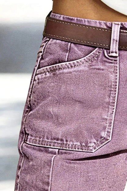 Stitch Detail Side Pocket Mid Waist Straight Leg Capri Pants Without Belt