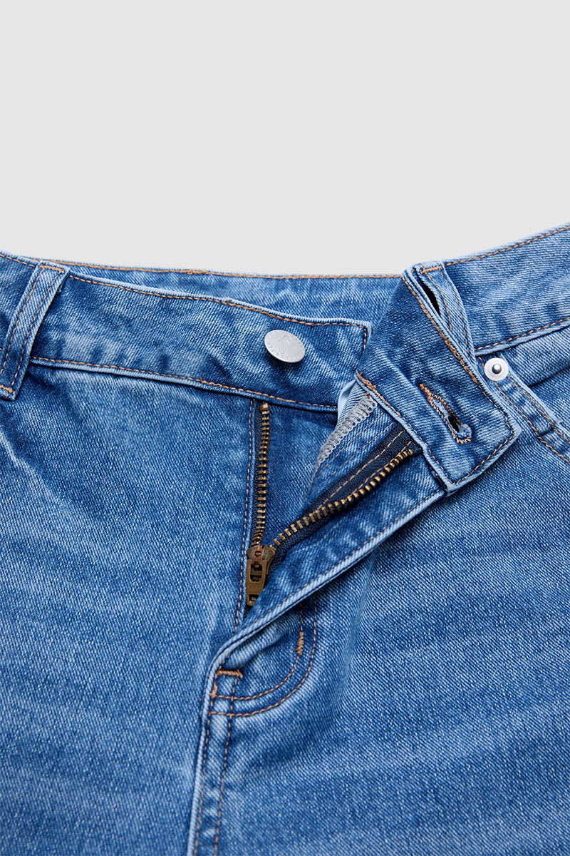 Wash Ruffle Trim Split Hem Mid Rise Wide Leg Jeans