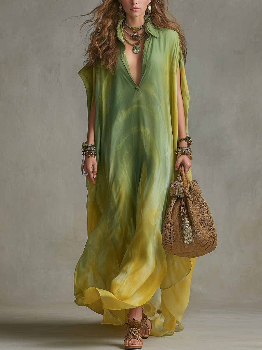 Robe longue fluide légère dégradée de vert