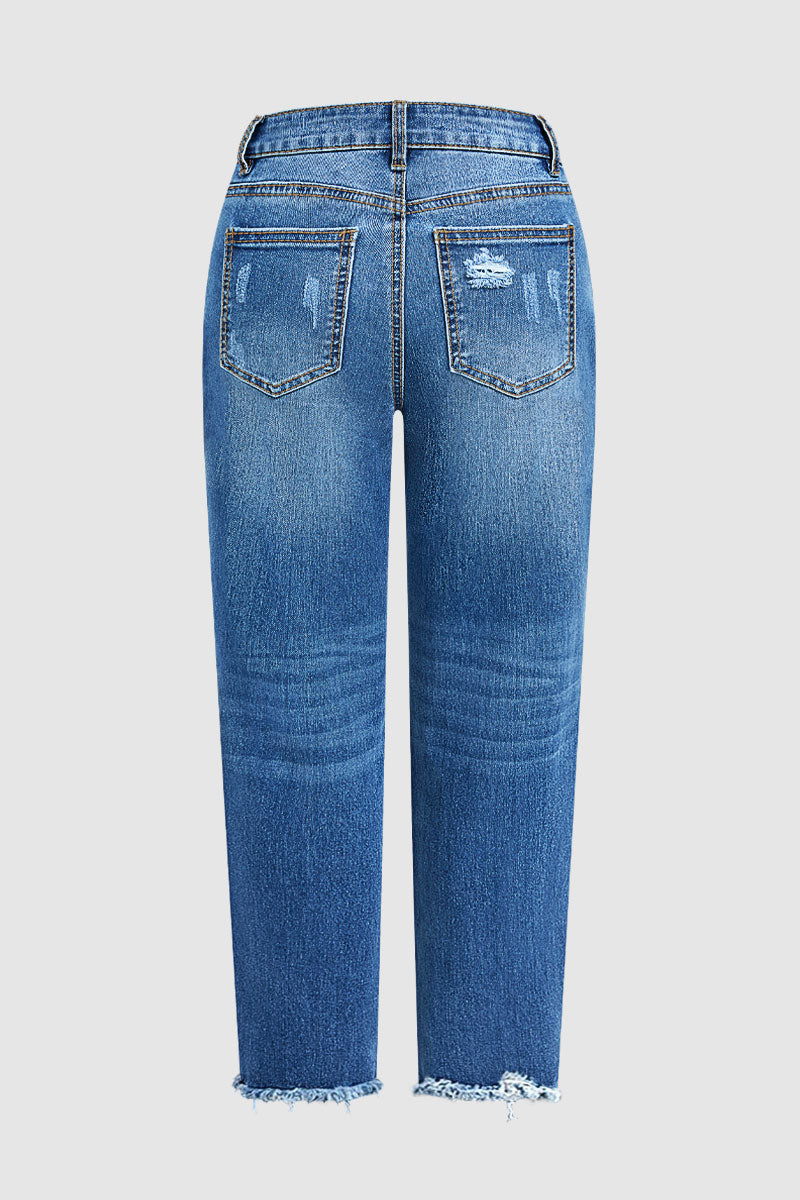 Wash Ripped Raw Hem Mid Rise Straight Leg Crop Jeans