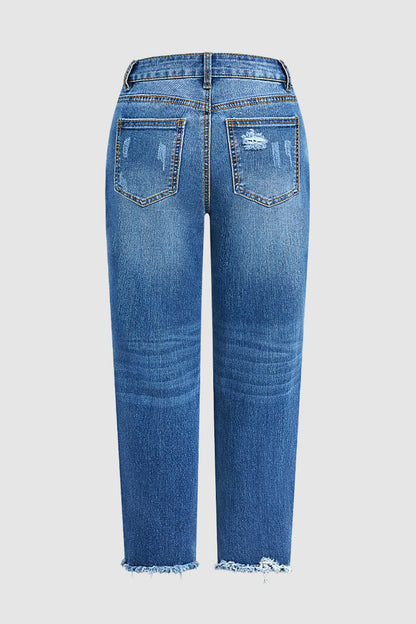 Wash Ripped Raw Hem Mid Rise Straight Leg Crop Jeans