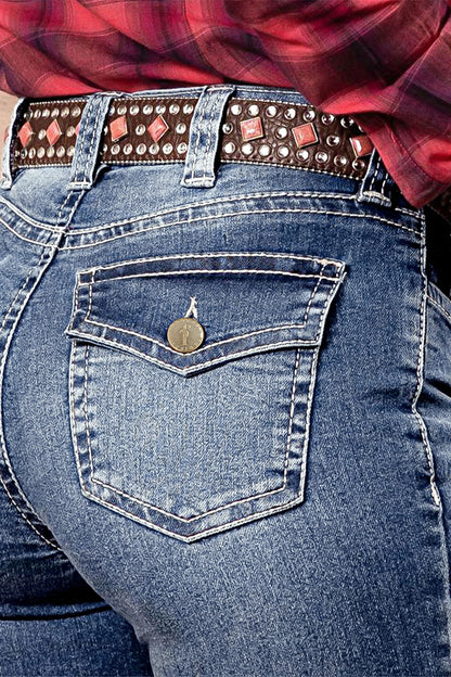 Wash Mid Waist Buttoned Hem Bootcut Jeans Without Belt