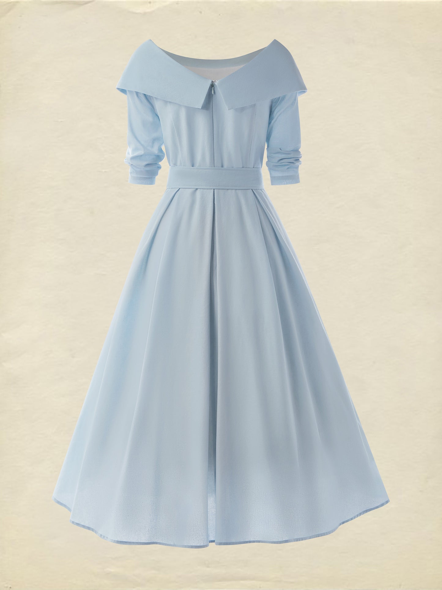 Robe en Coton Midi, Manches Longues, Épaules Dénudées, Unie, Ceinture, Style Vintage Français, Bleu Ciel