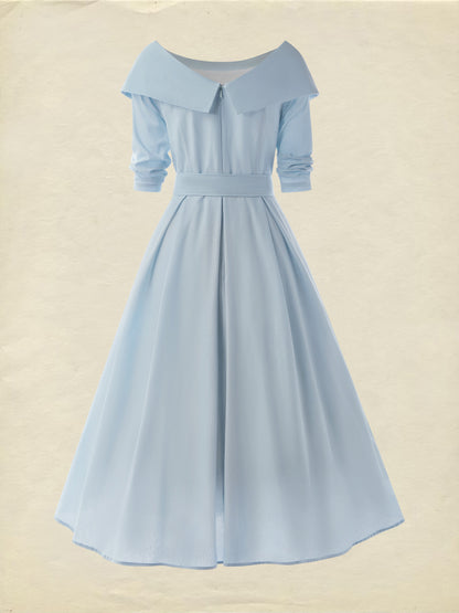 Robe en Coton Midi, Manches Longues, Épaules Dénudées, Unie, Ceinture, Style Vintage Français, Bleu Ciel