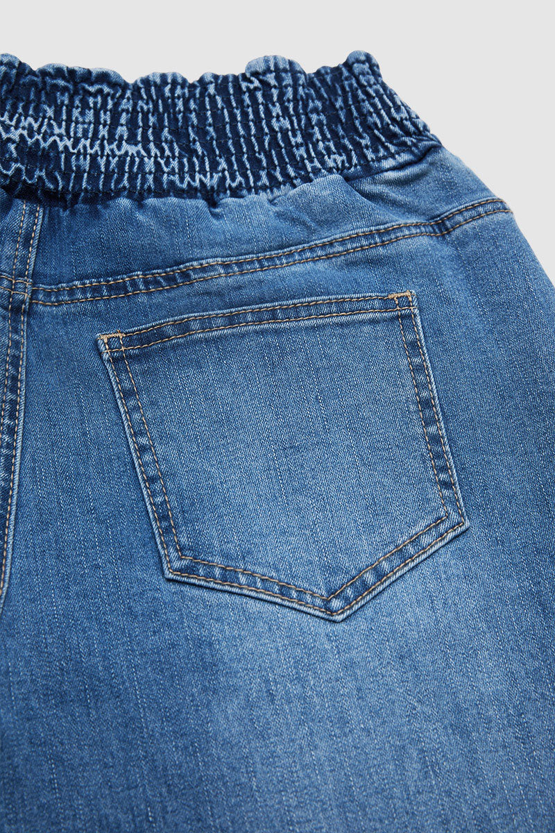 Stitch Detail Shirred High Waist Wide Leg Capri Jeans