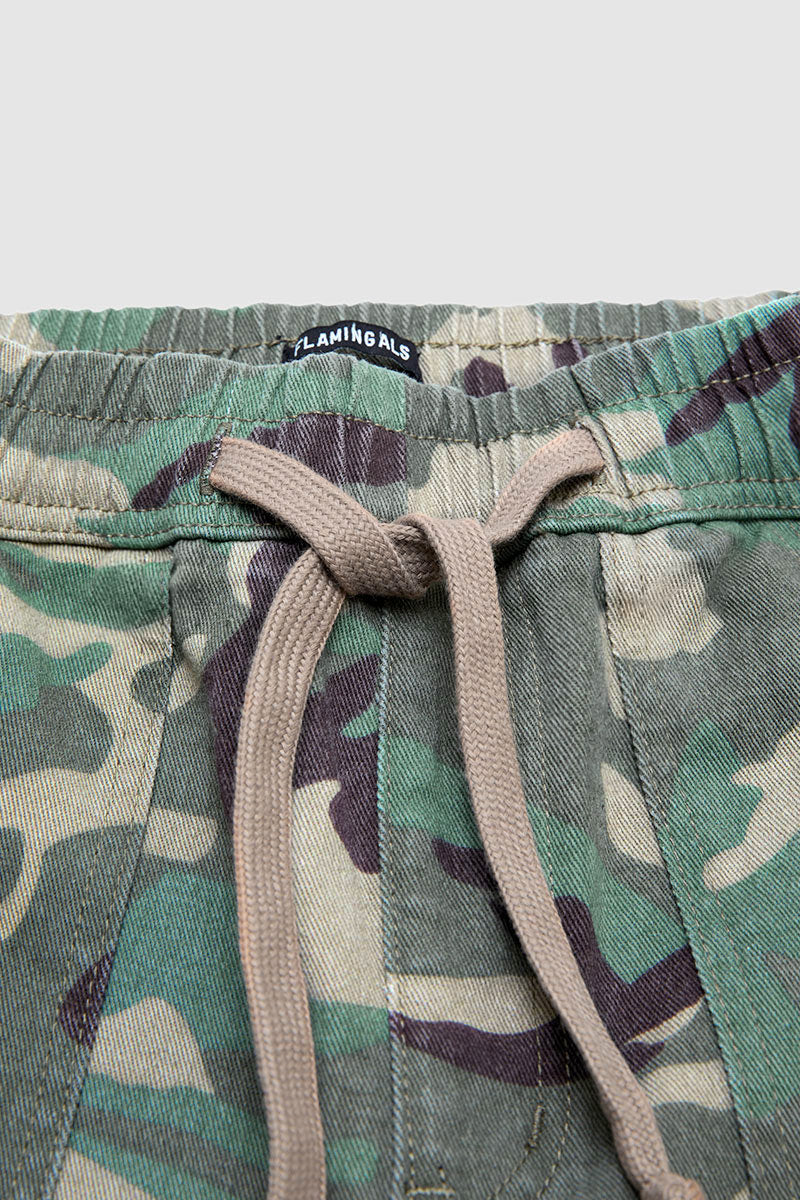 Camo Drawstring Mid Waist Barrel Leg Crop Pants