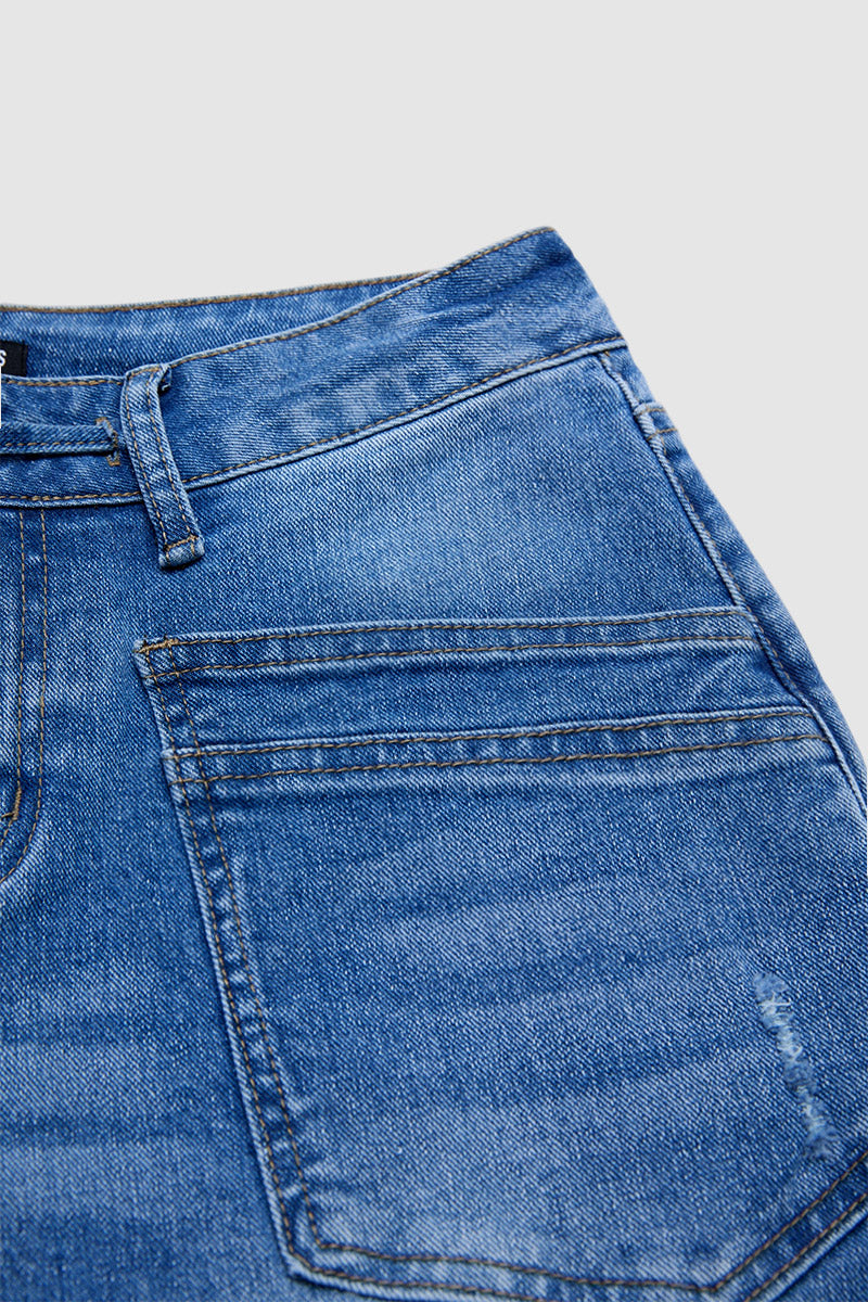 Wash Roll Hem Ripped Patch Pocket Drawstring Straight Leg Mid Rise Capri Jeans
