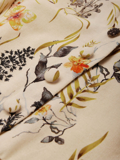 Robe longue en lin, Manches mi-longues, Col en V, Fleurie, Vintage, Été