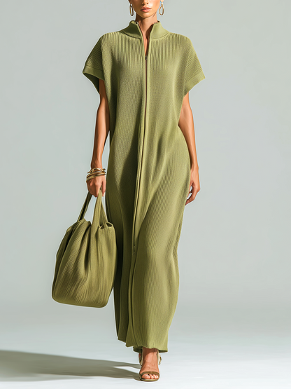 Stylish Elegant Olive Green Stand-Collar Zipper-Front Drop Shoulder Sleeveless Loose-Fit Ribbed Knit Maxi Dress