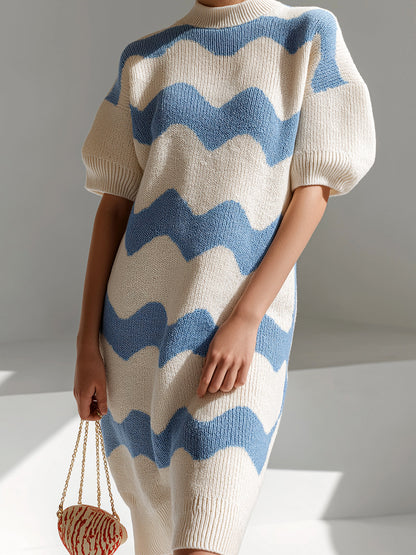 Chic Elegant Blue White Stripes Round-Neck Short-Sleeve Oversize Knit Midi Dress