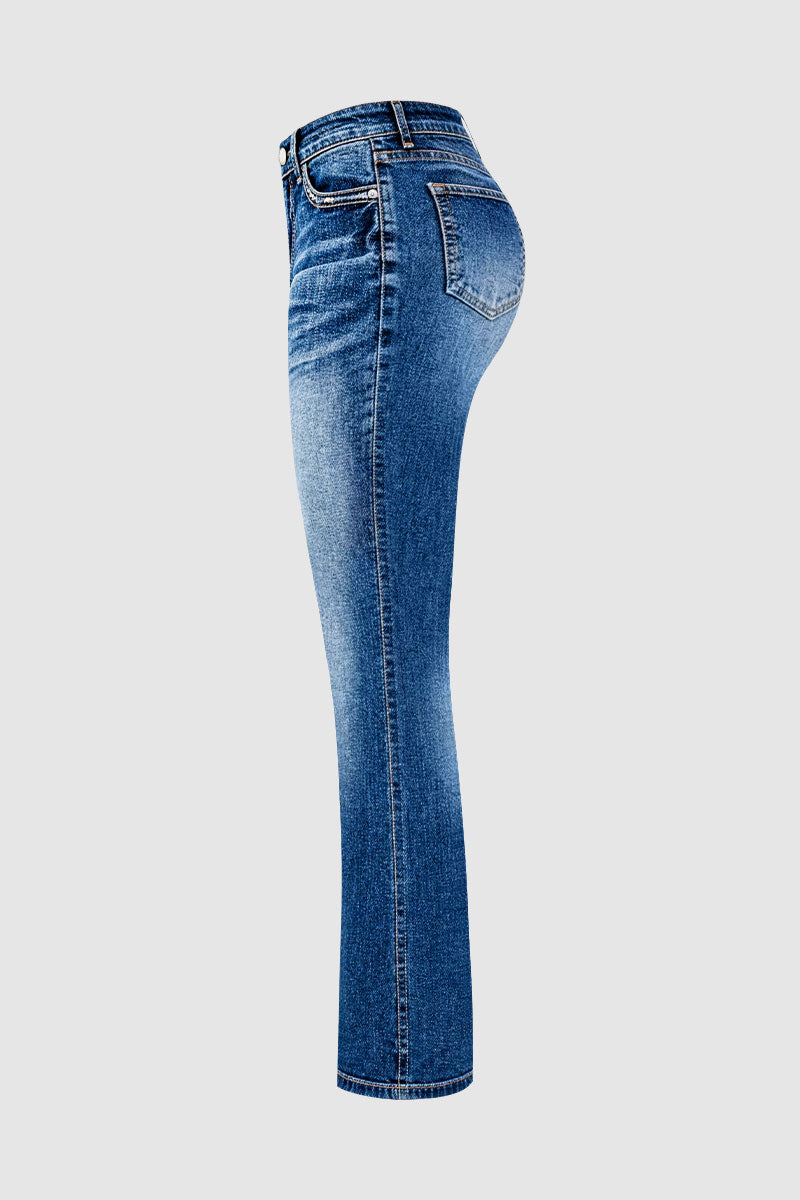 Wash Stitch Detail Mid Waist Bootcut Jeans Without Belt