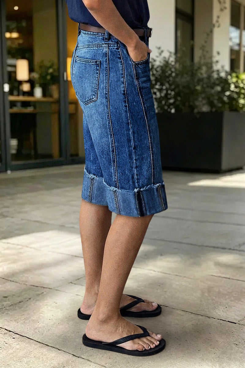 Seam Front Raw Hem High Rise Denim Bermuda Shorts Without Belt