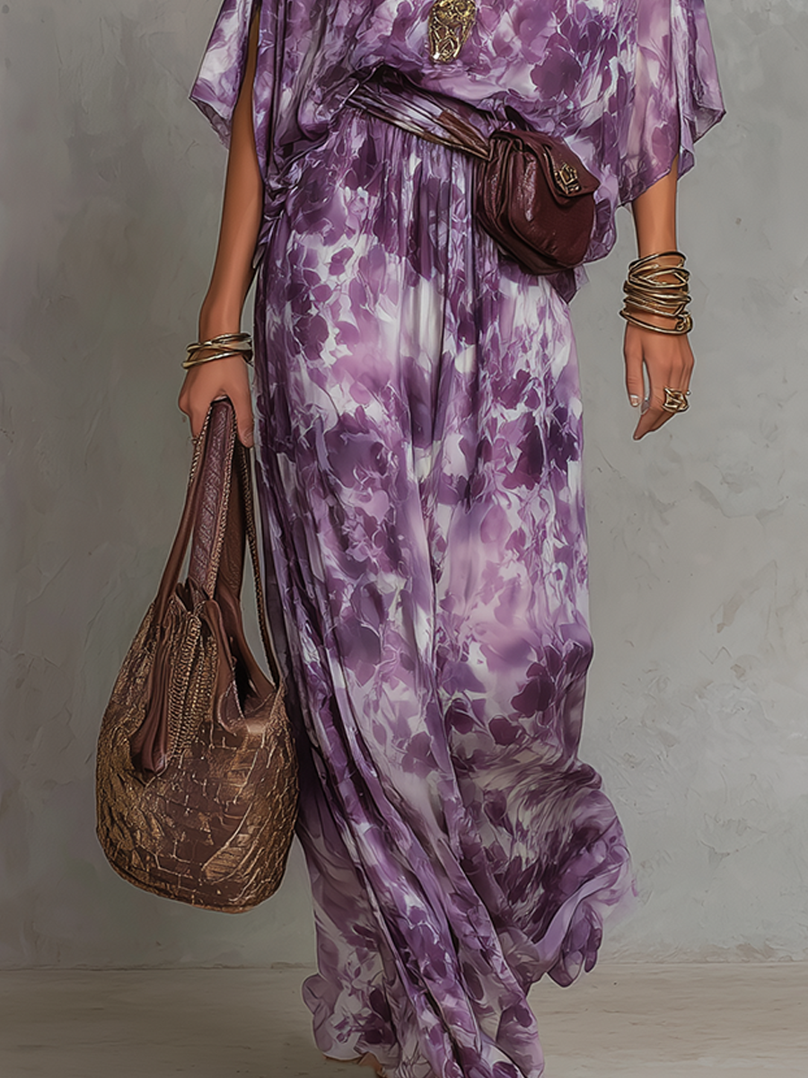Robe longue bohème ceinturée à imprimé lavande