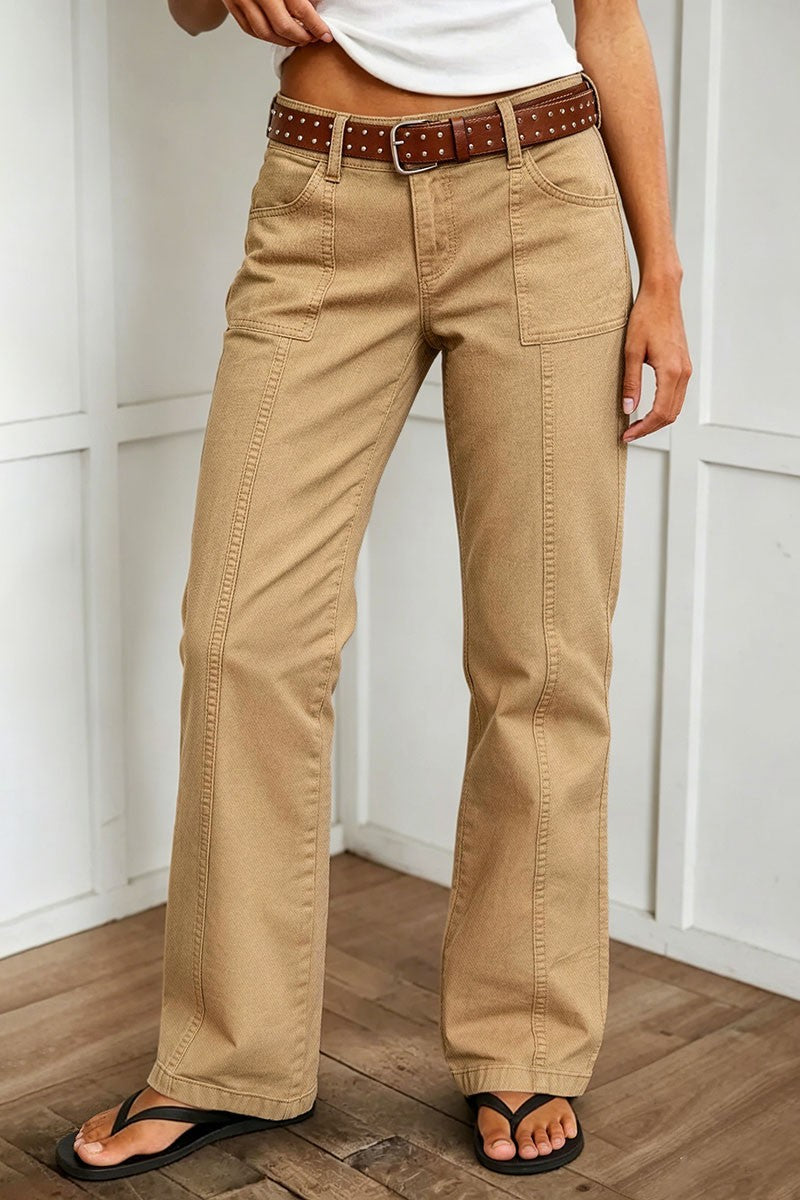 Solid Stitch Detail Mid Waist Bootcut Pants Without Belt