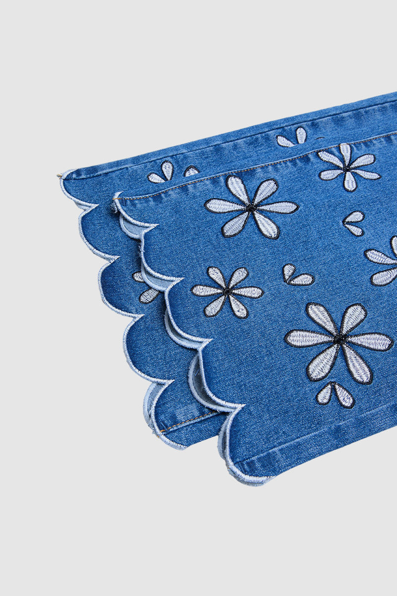 Wash Floral Embroidery Scallop Trim Mid Waist Wide Leg Jeans Without Belt