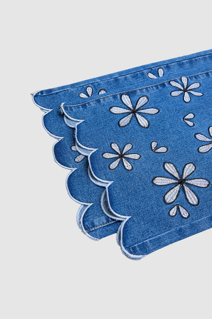Wash Floral Embroidery Scallop Trim Mid Waist Wide Leg Jeans Without Belt