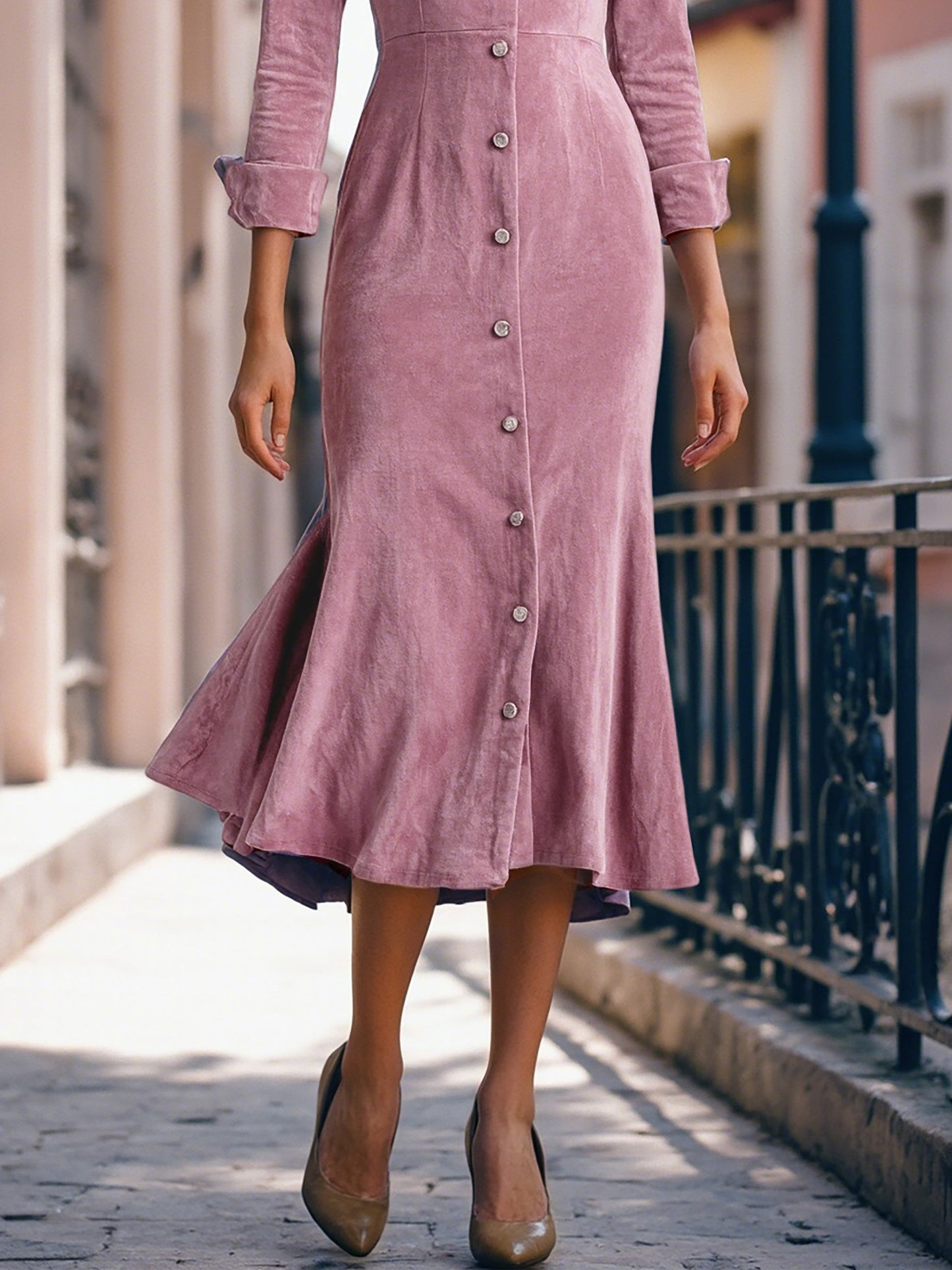 Robe midi en coton, manches courtes, col bateau, unie, boutonnée, vintage, rose