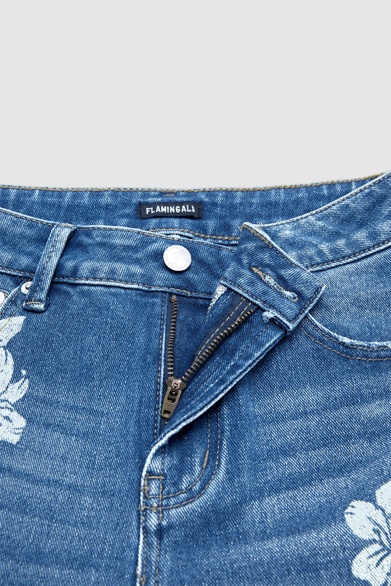 Floral Print Raw Hem Mid Waist Straight Leg Crop Jeans