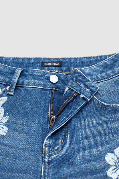 Floral Print Raw Hem Mid Waist Straight Leg Crop Jeans