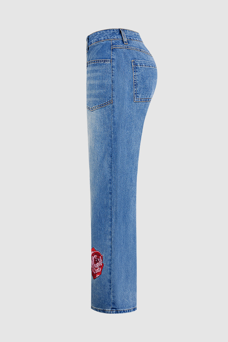Valentine's Day Pattern Embroidered Patch Pocket Mid Rise Straight Leg Jeans Without Belt