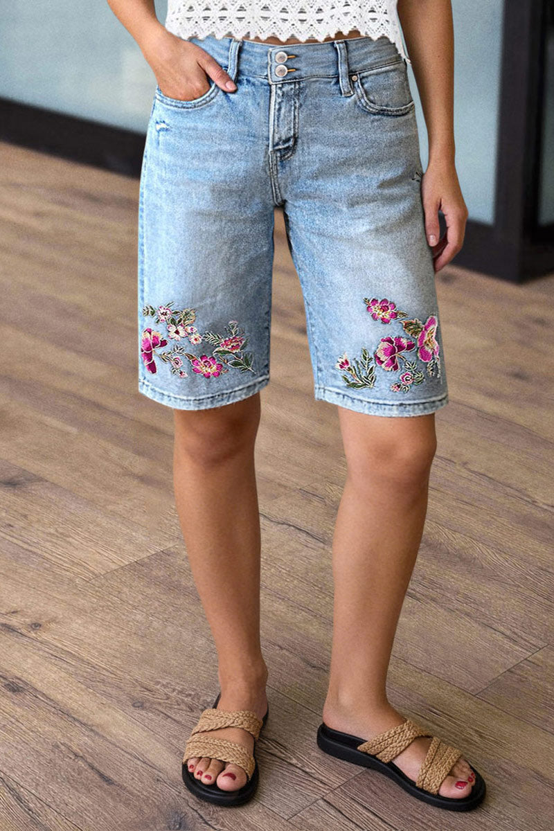 Wash Floral Embroidery High Waist Denim Bermuda Shorts