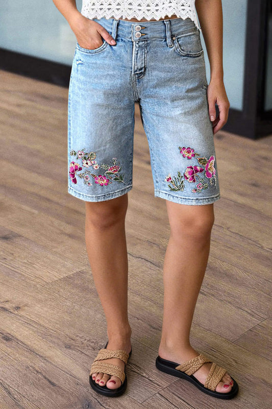 Wash Floral Embroidery High Waist Denim Bermuda Shorts