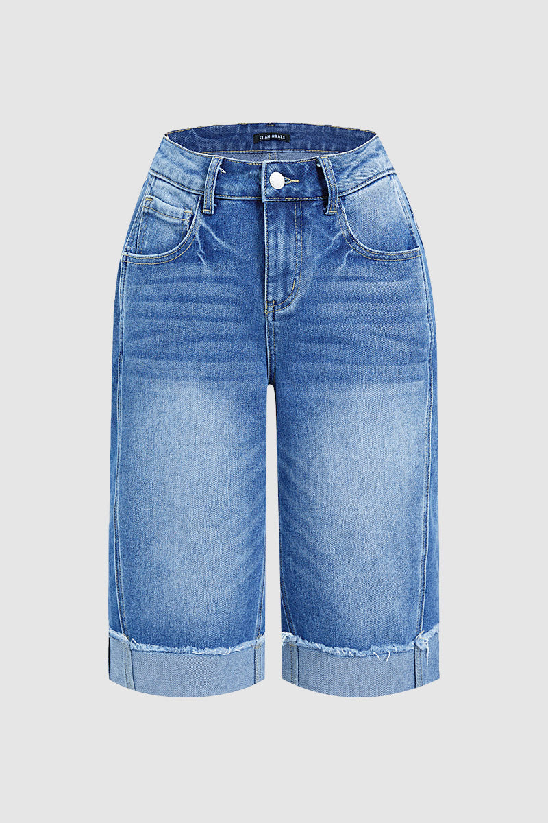 Seam Front Raw Hem High Rise Denim Bermuda Shorts Without Belt