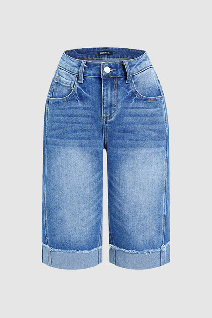 Seam Front Raw Hem High Rise Denim Bermuda Shorts Without Belt
