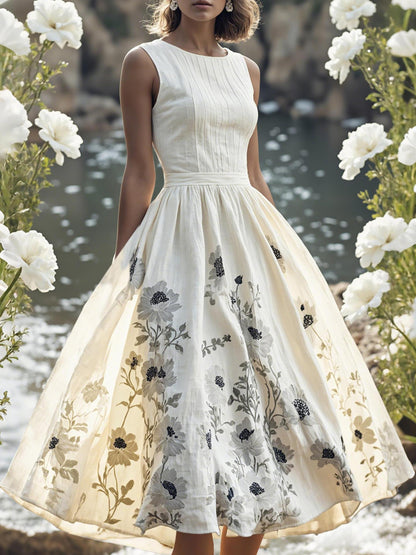 Robe Midi en Lin, Sans Manches, Col Rond, Imprimé Floral, Vacances, Style Vintage, Noire