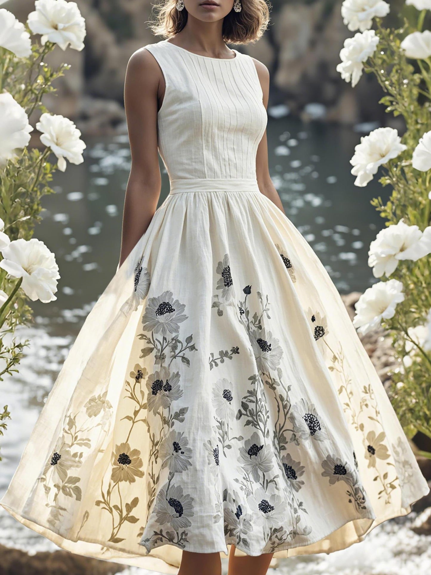 Robe mi-longue en lin, sans manches, col rond, florale, vacances, vintage, blanche