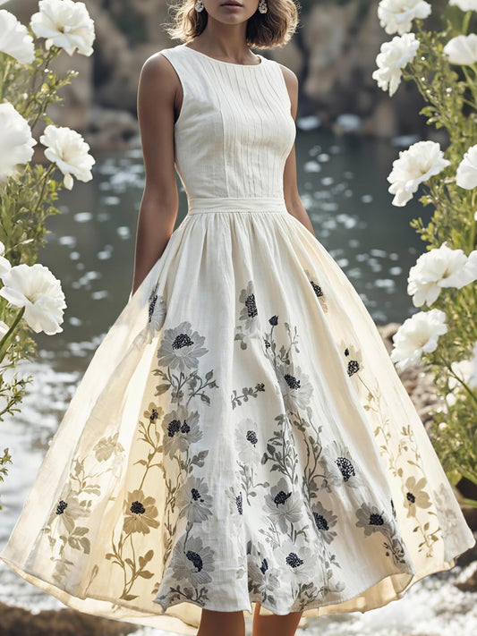 Robe mi-longue en lin, sans manches, col rond, florale, vacances, vintage, blanche