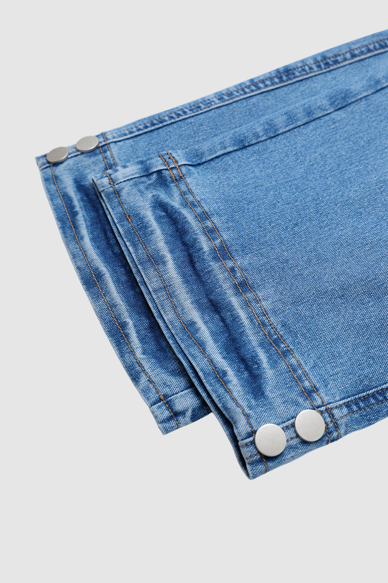 Wash Button Decor Mid Waist Barrel Leg Capri Jeans