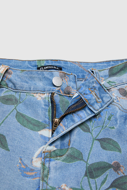 Wash Floral Print Flap Pocket Mid Rise Barrel Leg Crop Jeans