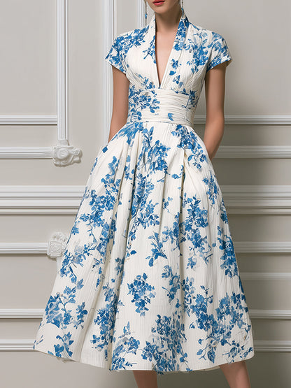 Vintage-Inspired Azure Floral Pleated Midi Dress