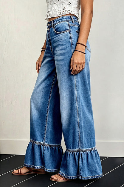 Wash Ruffle Hem High Waist Wide Leg Jeans