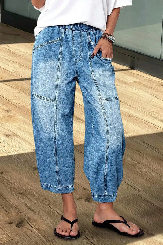 Wash Seam Elastic Mid Rise Wide Leg Crop Barrel Jeans