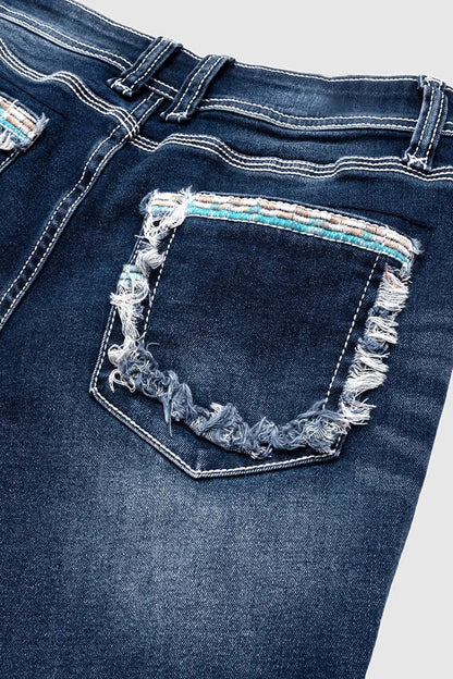 Ripped Roll Hem Wash Stretchy Low Waist Capri Jeans
