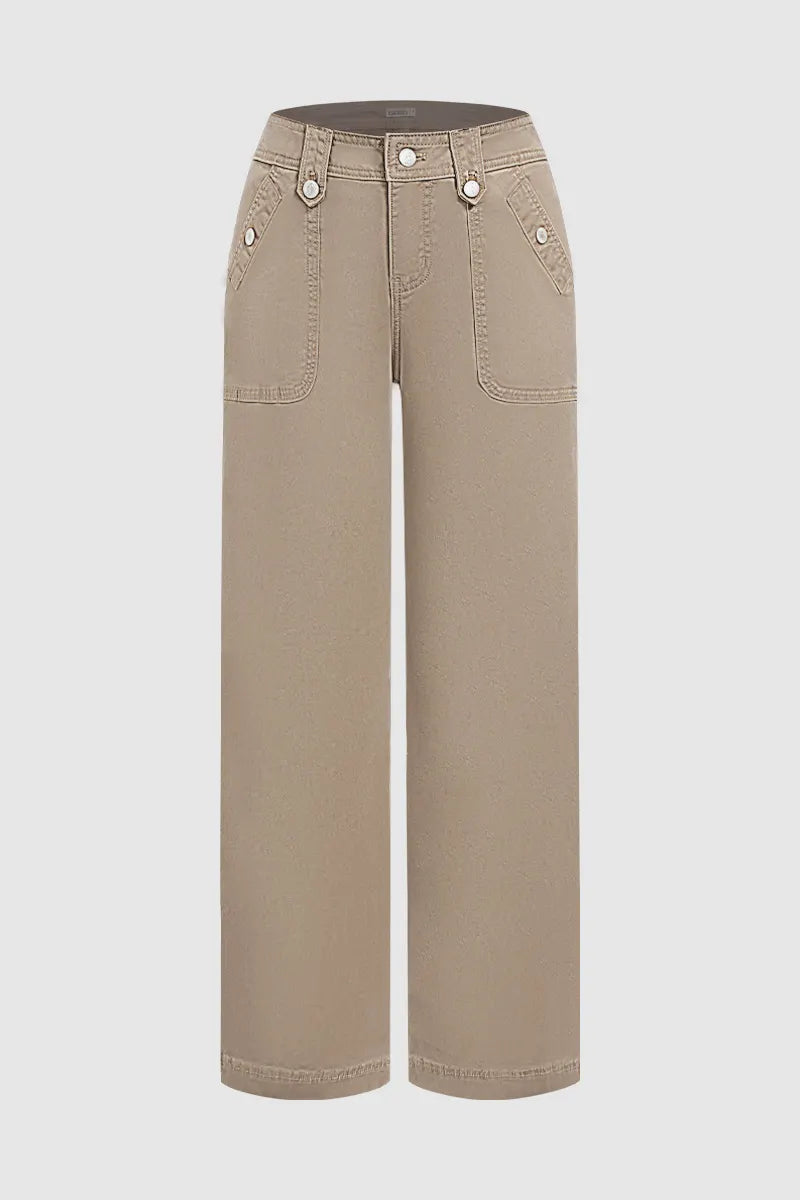 Solid Patch Pocket Mid Waist Wide Leg Pants
