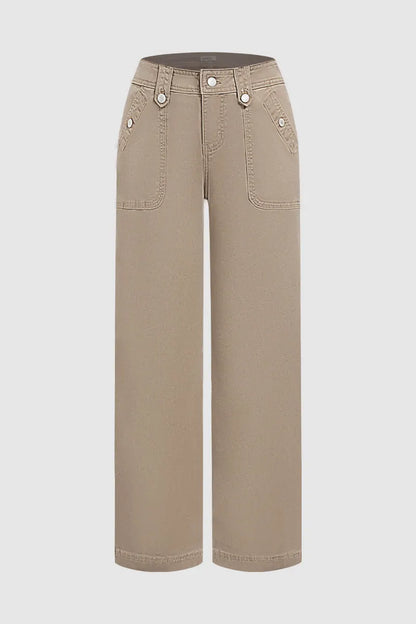Solid Patch Pocket Mid Waist Wide Leg Pants