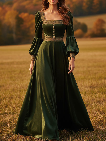 Robe longue en coton, manches longues, col carré, unie, dentelle, vintage, verte