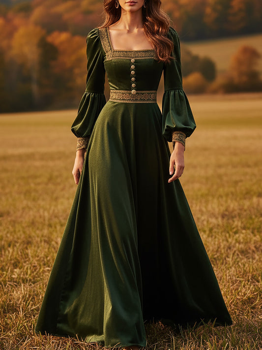 Robe longue en coton, manches longues, col carré, unie, dentelle, vintage, verte