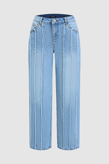 Wash Stitch Detail Mid Waist Straight Leg Jeans Without Belt